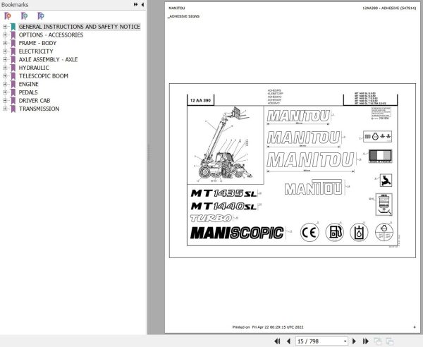 Manitou Telehandler MT 1435 SL TURBO S3 E2 Parts Catalog 547914