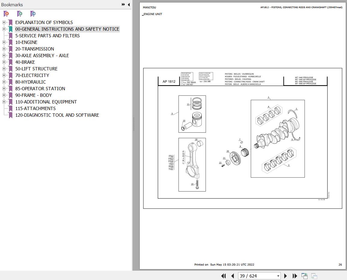 Manitou Telehandler MT 1436 1840 R PRIVILEGE Parts Catalog 547966