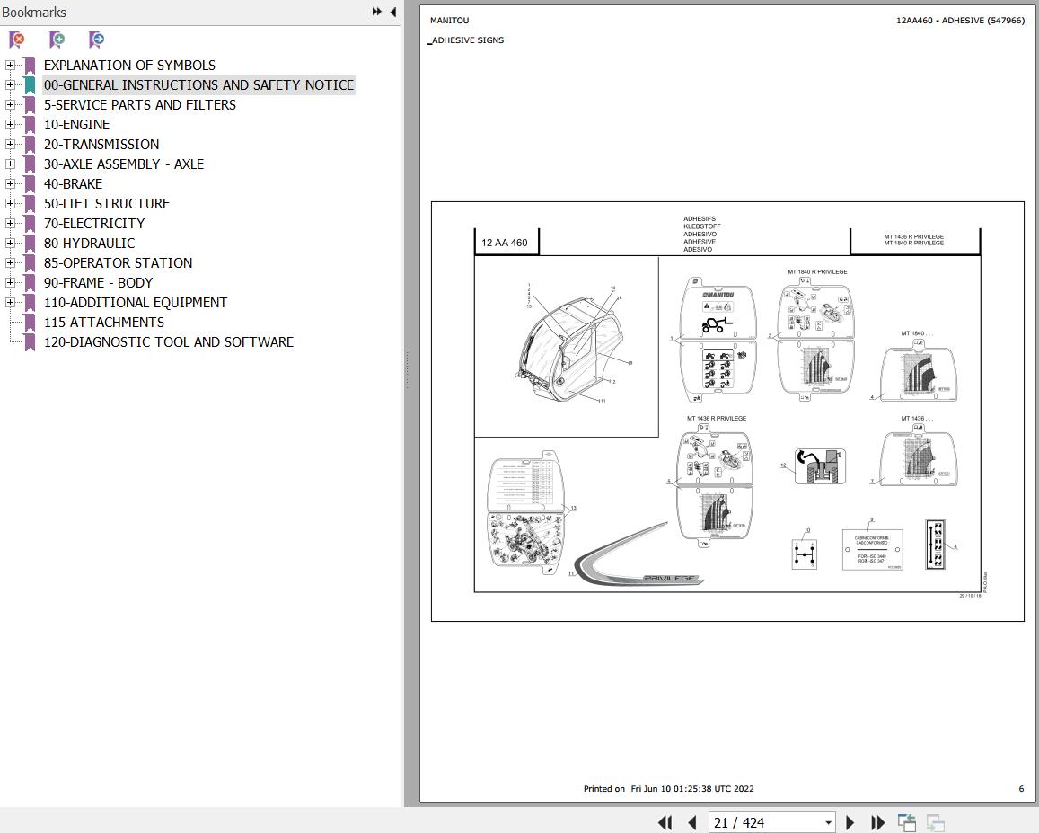 Manitou Telehandler MT 1436 R PRIVILEGE Parts Catalog 547966