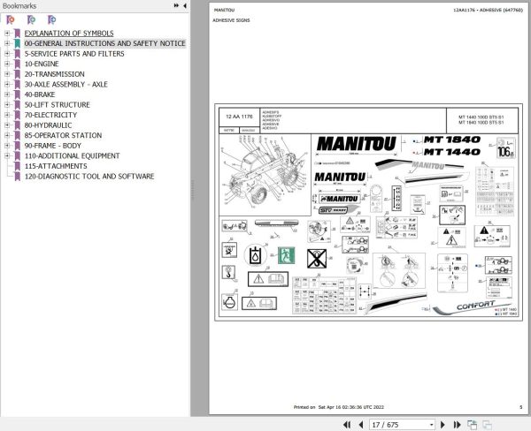 Manitou Telehandler MT 1440 100D ST5 S1 Parts Catalog 647760