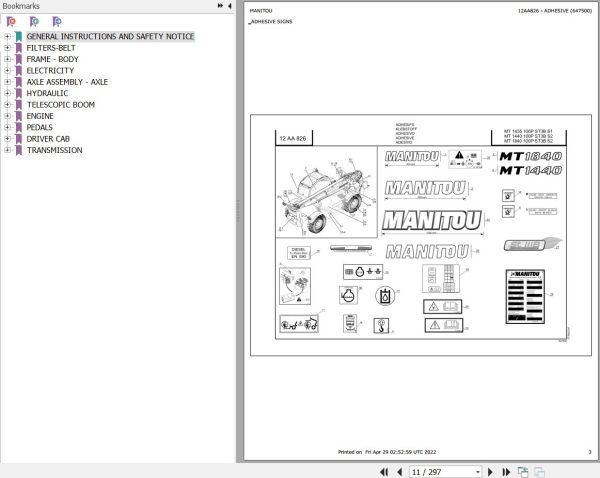 Manitou Telehandler MT 1440 100P ST3B S2 Parts Catalog 647500