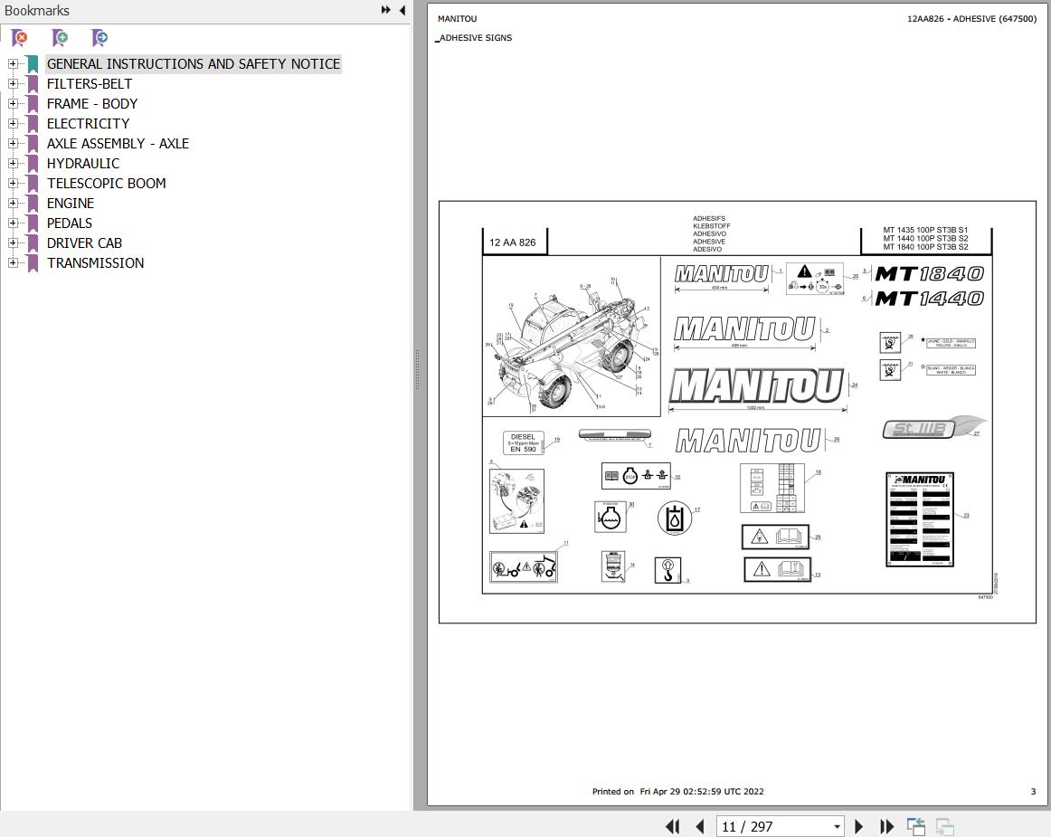 Manitou Telehandler MT 1440 100P ST3B S2 Parts Catalog 647500