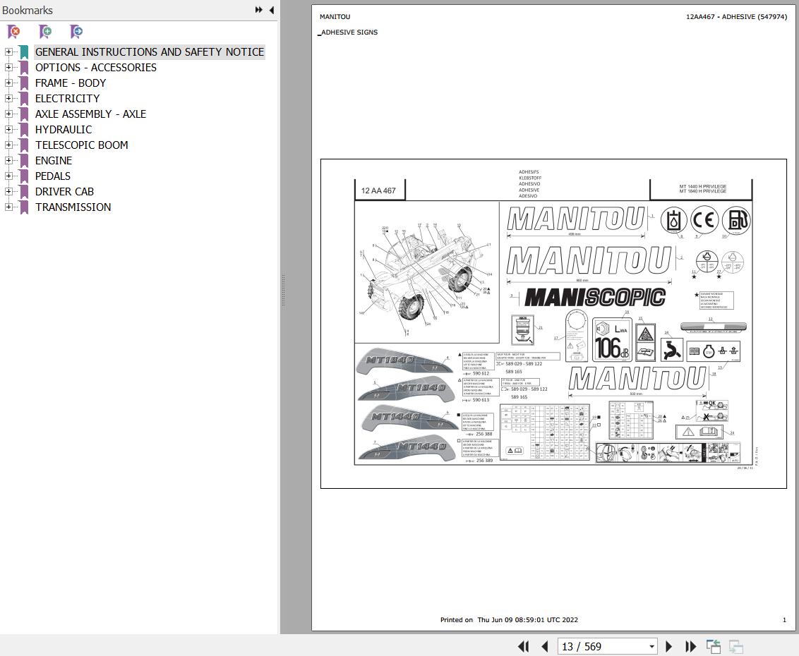 Manitou Telehandler MT 1440 1840 H PRIVILEGE Parts Catalog 547974