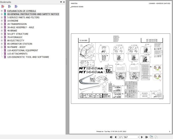 Manitou Telehandler MT 1440 1840 HA ST3B Parts Catalog 647103