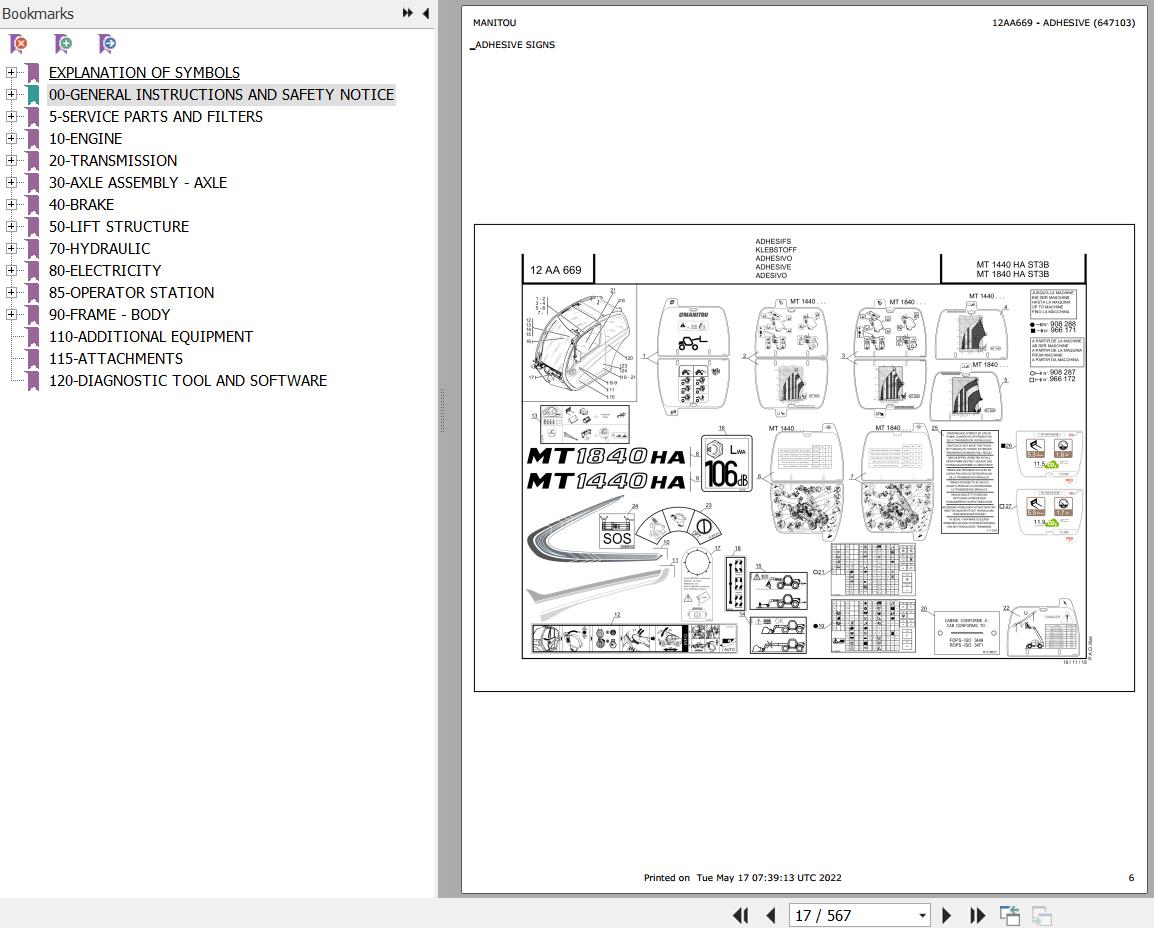 Manitou Telehandler MT 1440 1840 HA ST3B Parts Catalog 647103