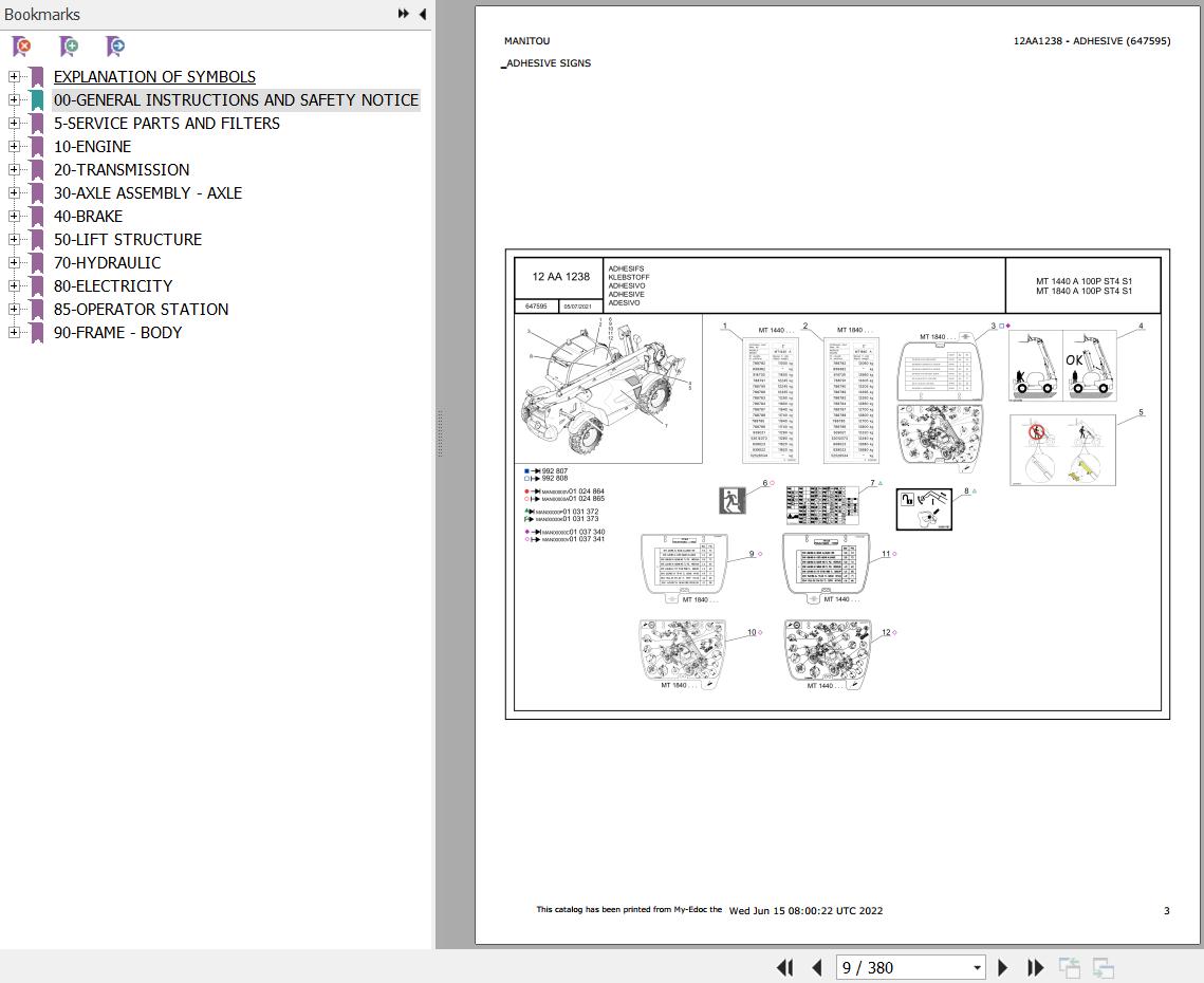 Manitou Telehandler MT 1440 A 100P ST4 S1 Parts Catalog 647595