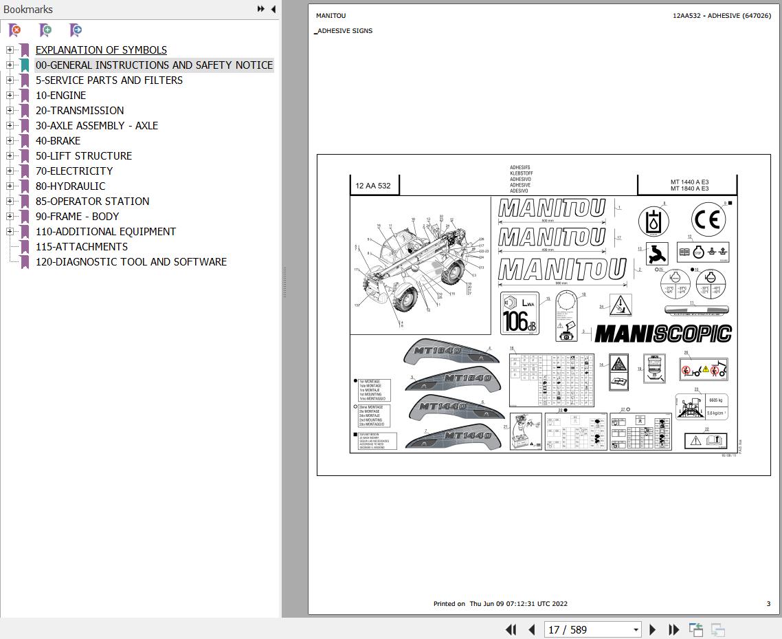 Manitou Telehandler MT 1440 A E3 MT 1840 A E3 Parts Catalog 647026