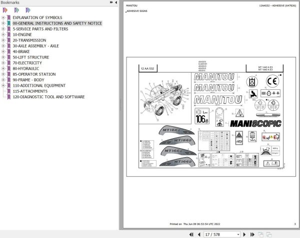 Manitou Telehandler MT 1440 A E3 Parts Catalog 647026