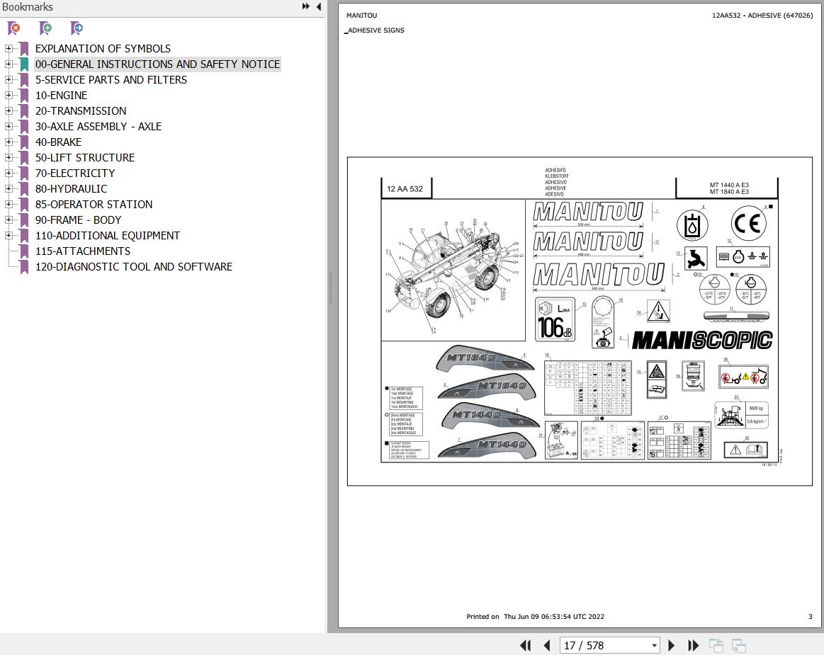 Manitou Telehandler MT 1440 A E3 Parts Catalog 647026