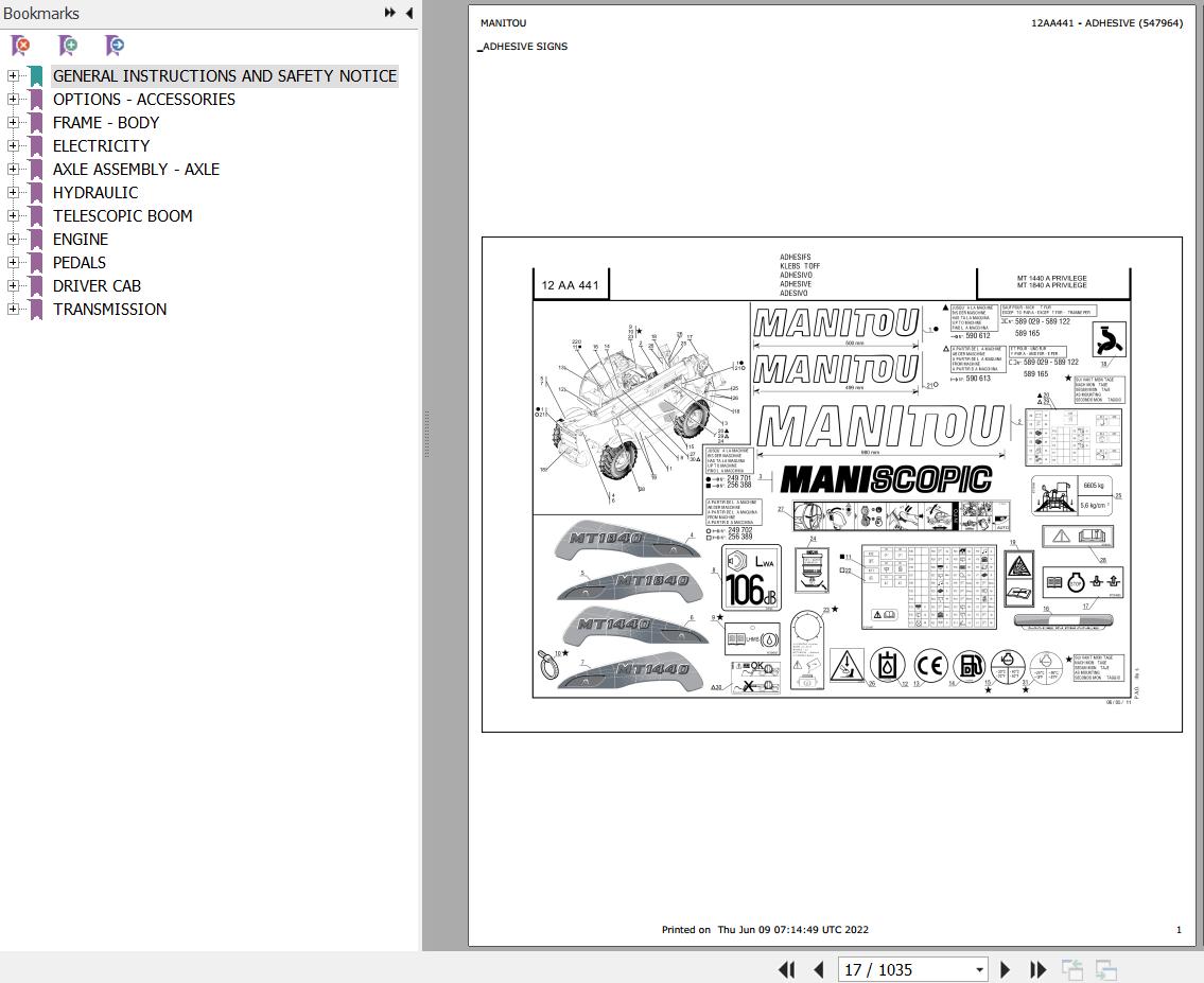 Manitou Telehandler MT 1440 A PRIVILEGE Parts Catalog 547964