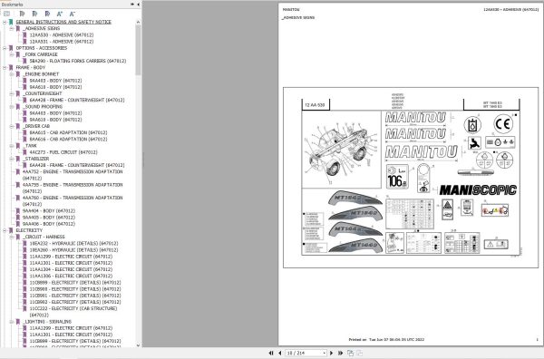 Manitou Telehandler MT 1440 E3 MT 1840 E3 Parts Catalog 647012