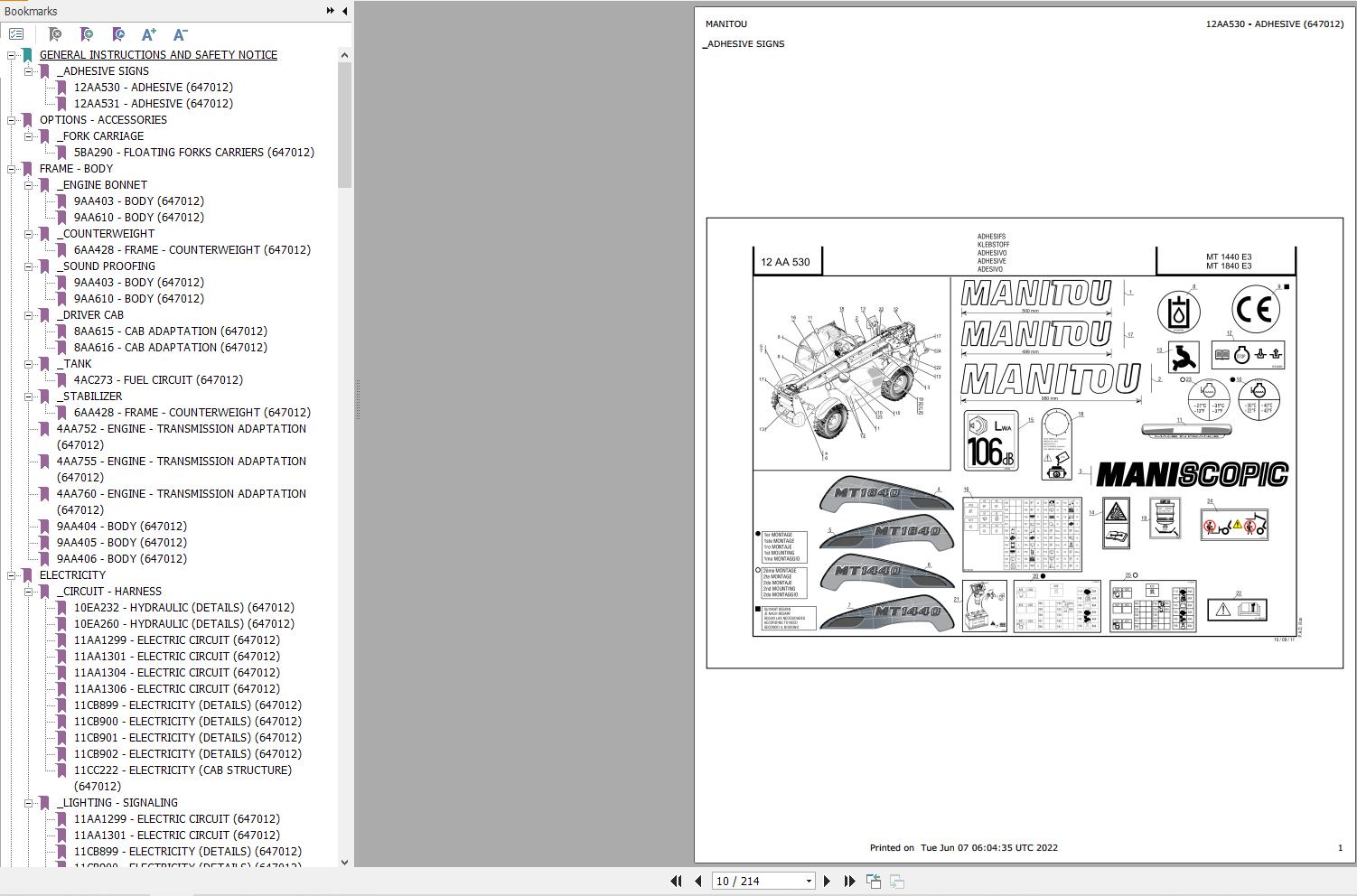 Manitou Telehandler MT 1440 E3 MT 1840 E3 Parts Catalog 647012