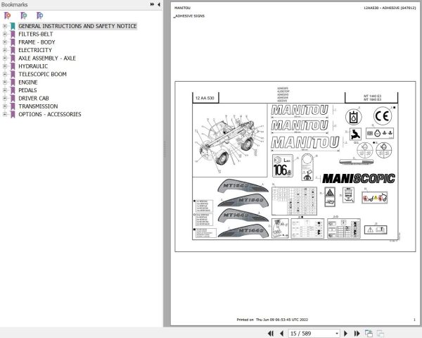 Manitou Telehandler MT 1440 E3 Parts Catalog 647012