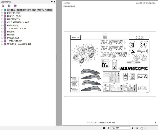 Manitou Telehandler MT 1440 H E3 MT 1840 H E3 Parts Catalog 647043 1