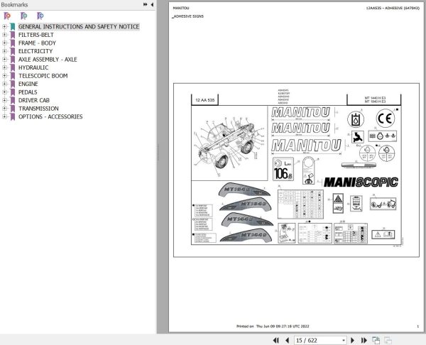 Manitou Telehandler MT 1440 H E3 Parts Catalog 647043