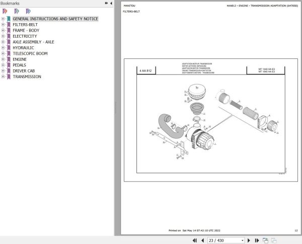 Manitou Telehandler MT 1440 HA E3 1840 HA E3 Parts Catalog 647050