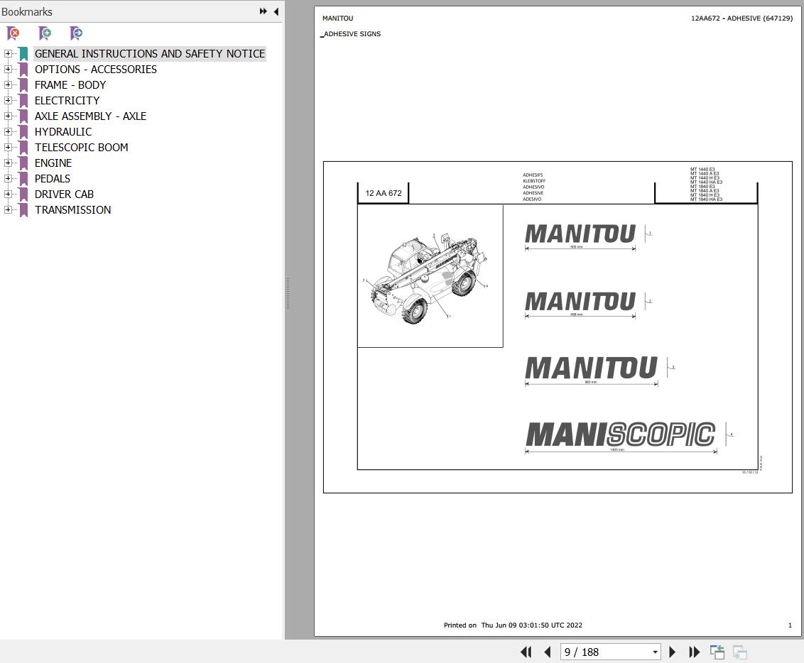 Manitou Telehandler MT 1440 HA E3 Parts Catalog 647129