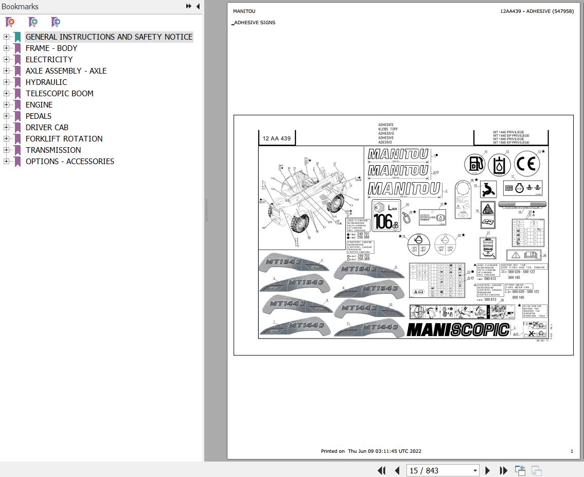 Manitou Telehandler MT 1440 PRIVILEGE Parts Catalog 547958