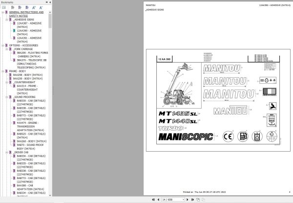 Manitou Telehandler MT 1440 SL S3 E2 Parts Catalog