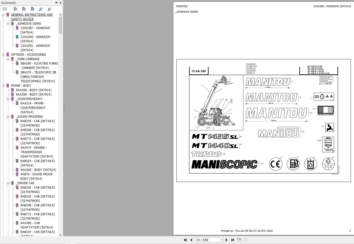Manitou Telehandler MT 1440 SL S3 E2 Parts Catalog