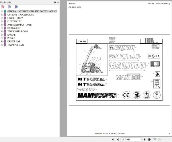 Manitou Telehandler MT 1440 SL TURBO S3 E2 Parts Catalog 547914