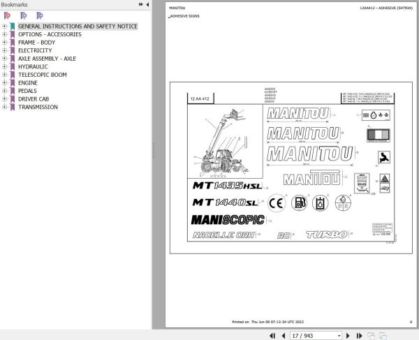 Manitou Telehandler MT 1440 SL TURBO ULTRA ORH RC S3 E2 Parts Catalog 547934