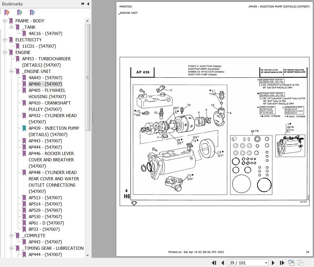 Manitou Telehandler MT 1530 SCP TURBO NACELLE ORH Parts Catalog 547007
