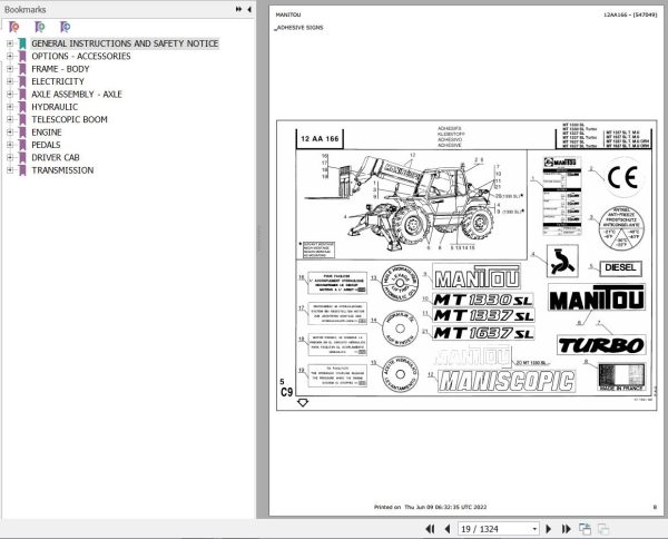 Manitou Telehandler MT 1637 SL TURBO MONO ULTRA ORH Parts Catalog 547049