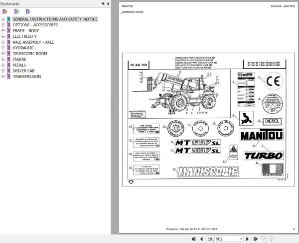 Manitou Telehandler MT 1637 SL TURBO MONO ULTRA ORH S2 Parts Catalog 547754