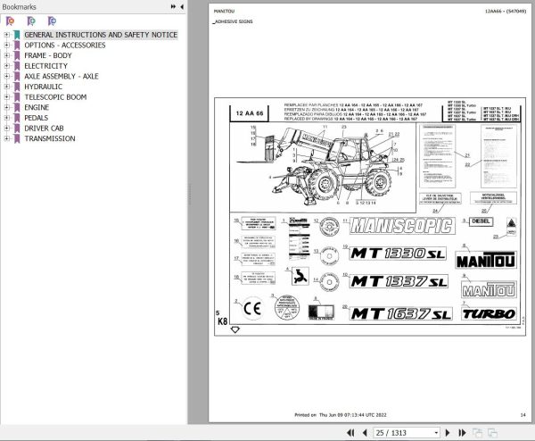Manitou Telehandler MT 1637 SL TURBO MONO ULTRA Parts Catalog 547049