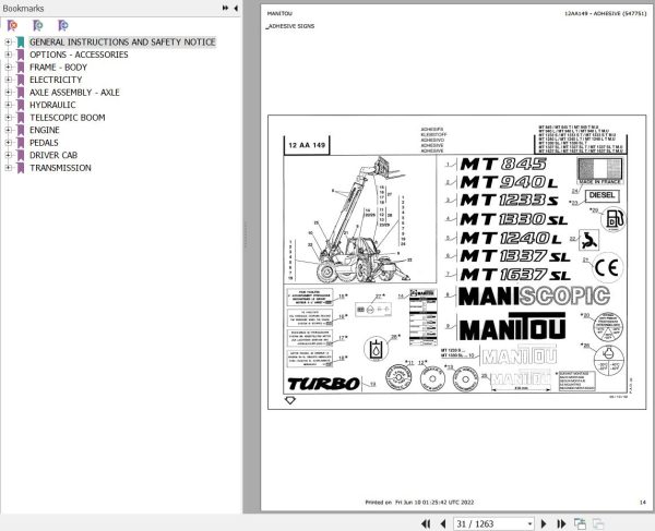Manitou Telehandler MT 1637 SL TURBO MONO ULTRA S2 Parts Catalog 547751