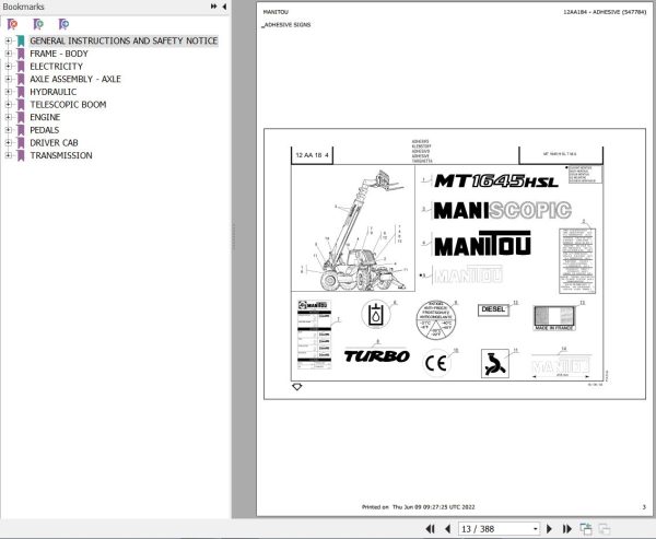Manitou Telehandler MT 1645 HSL TURBO MONO ULTRA USA Parts Catalog 547784