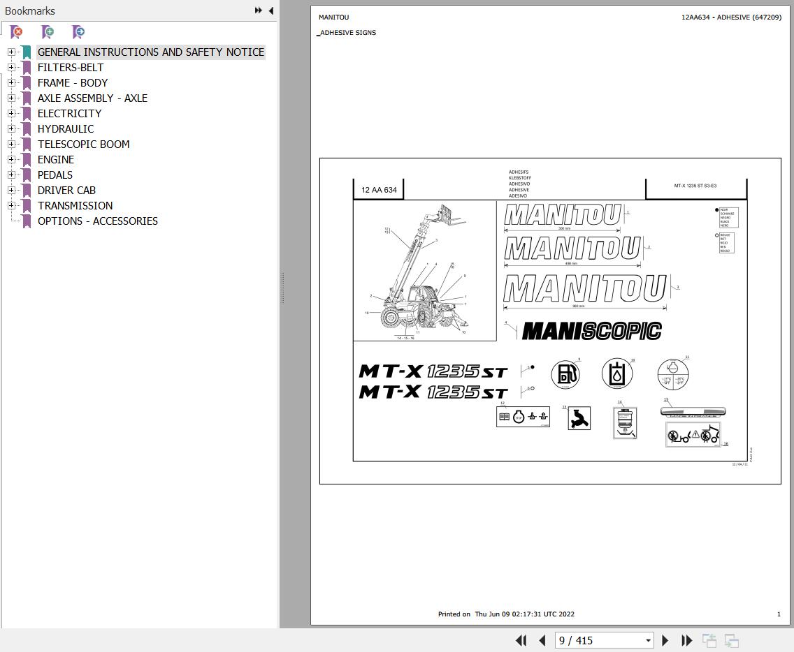 Manitou Telehandler MT 1740 SL MT X 1235 S TURBO S3 E3 Parts Catalog 647209
