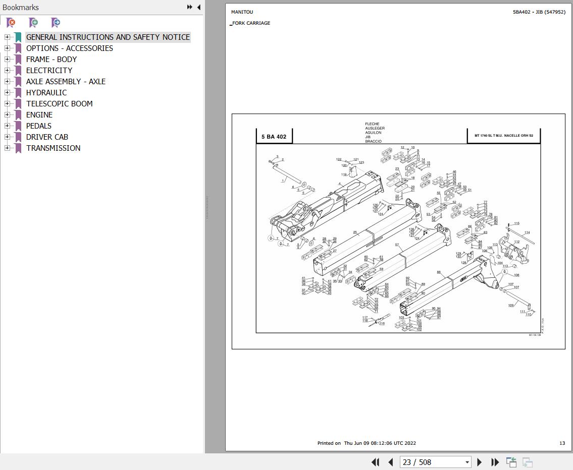 Manitou Telehandler MT 1740 SL TURBO MONO ULTRA ORH S2 Parts Catalog 547952