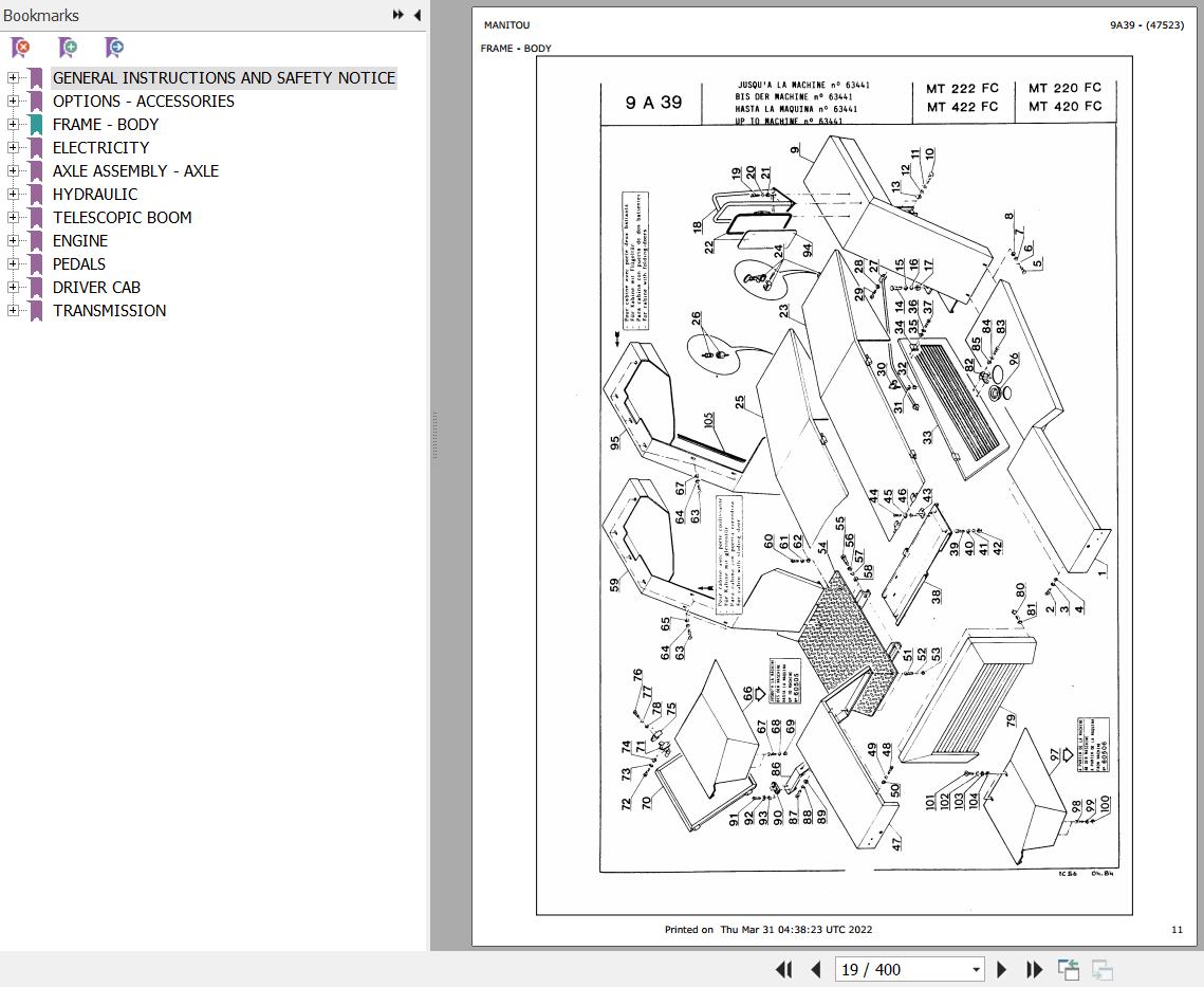 Manitou Telehandler MT 220 FC Parts Catalog 47523