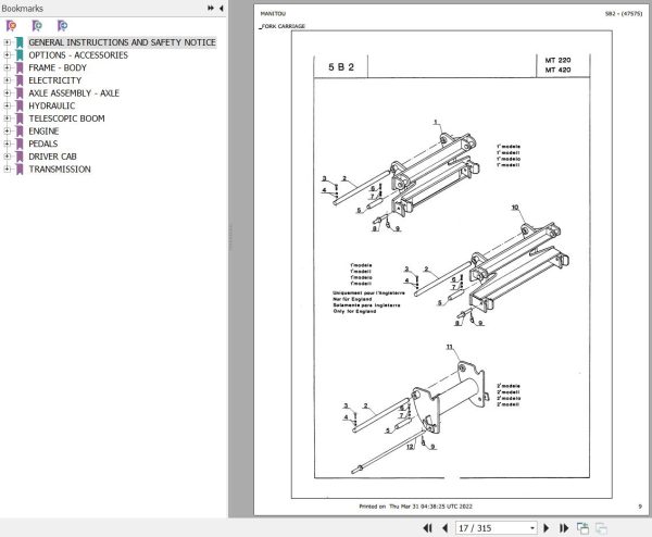 Manitou Telehandler MT 220 Parts Catalog 47575