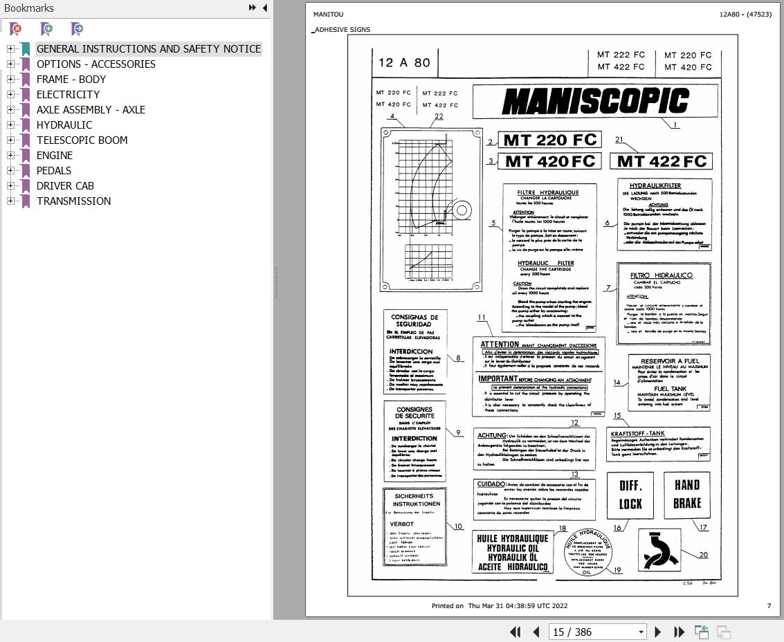 Manitou Telehandler MT 222 FC Parts Catalog 47523