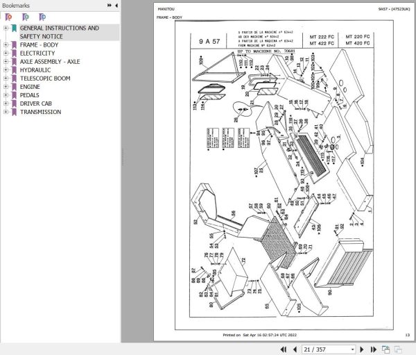 Manitou Telehandler MT 222 FC UK Parts Catalog 47523UK