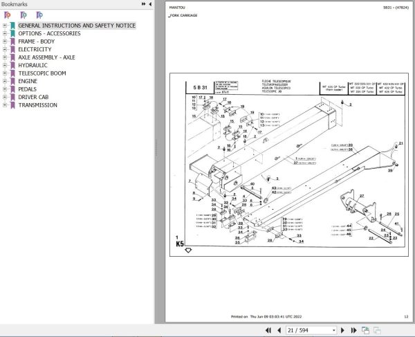 Manitou Telehandler MT 225 CP Parts Catalog 47824