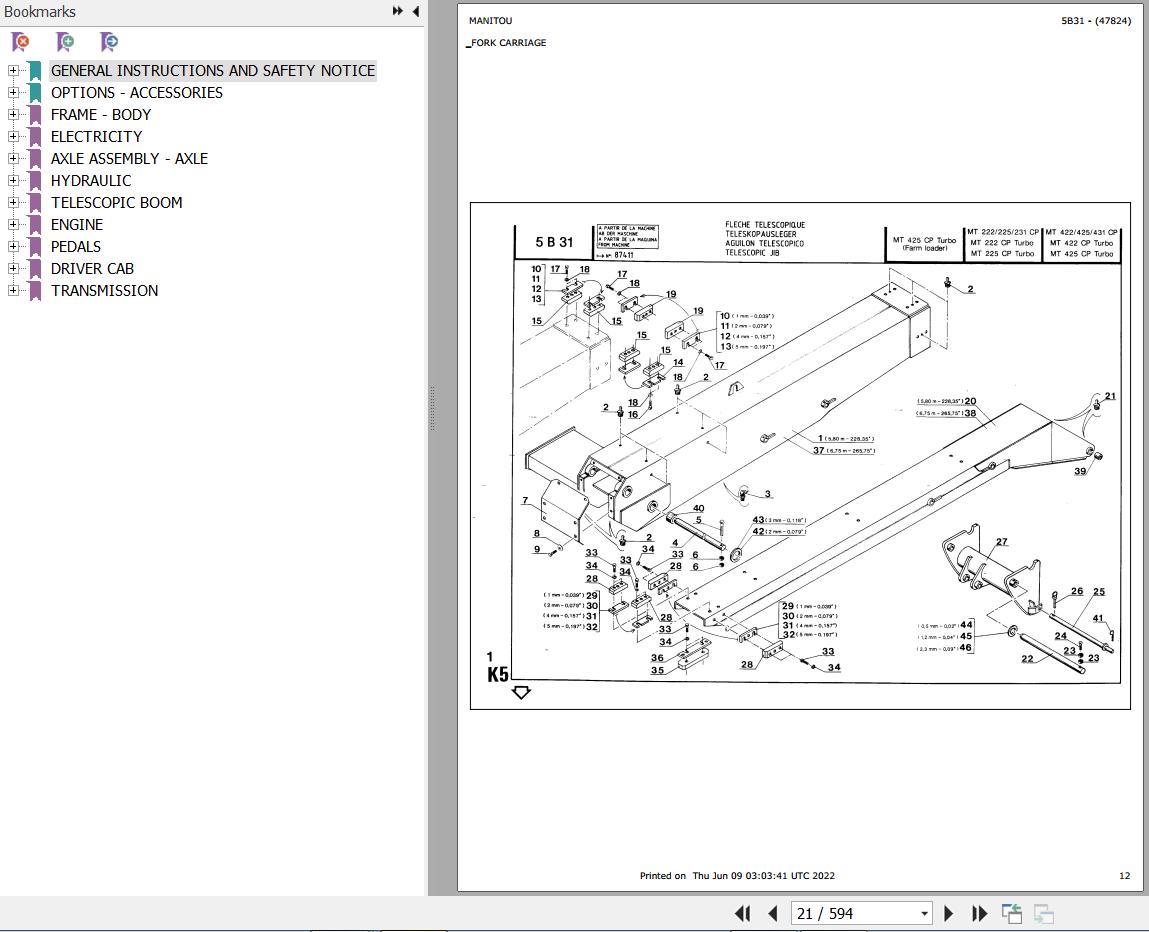 Manitou Telehandler MT 225 CP Parts Catalog 47824