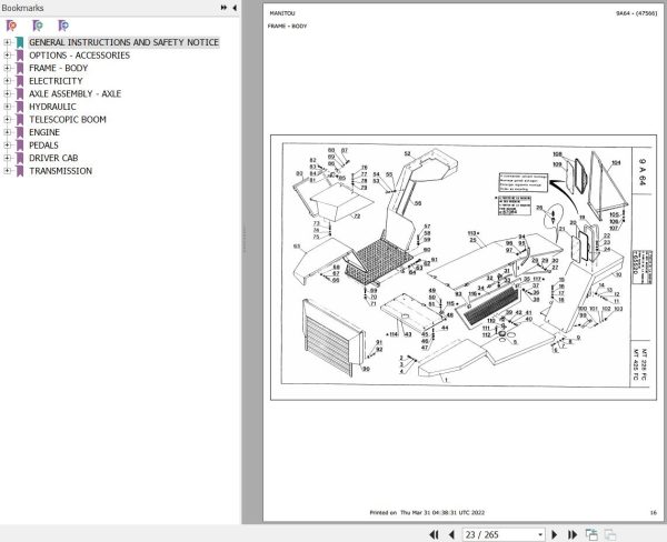Manitou Telehandler MT 225 FC Parts Catalog 47566
