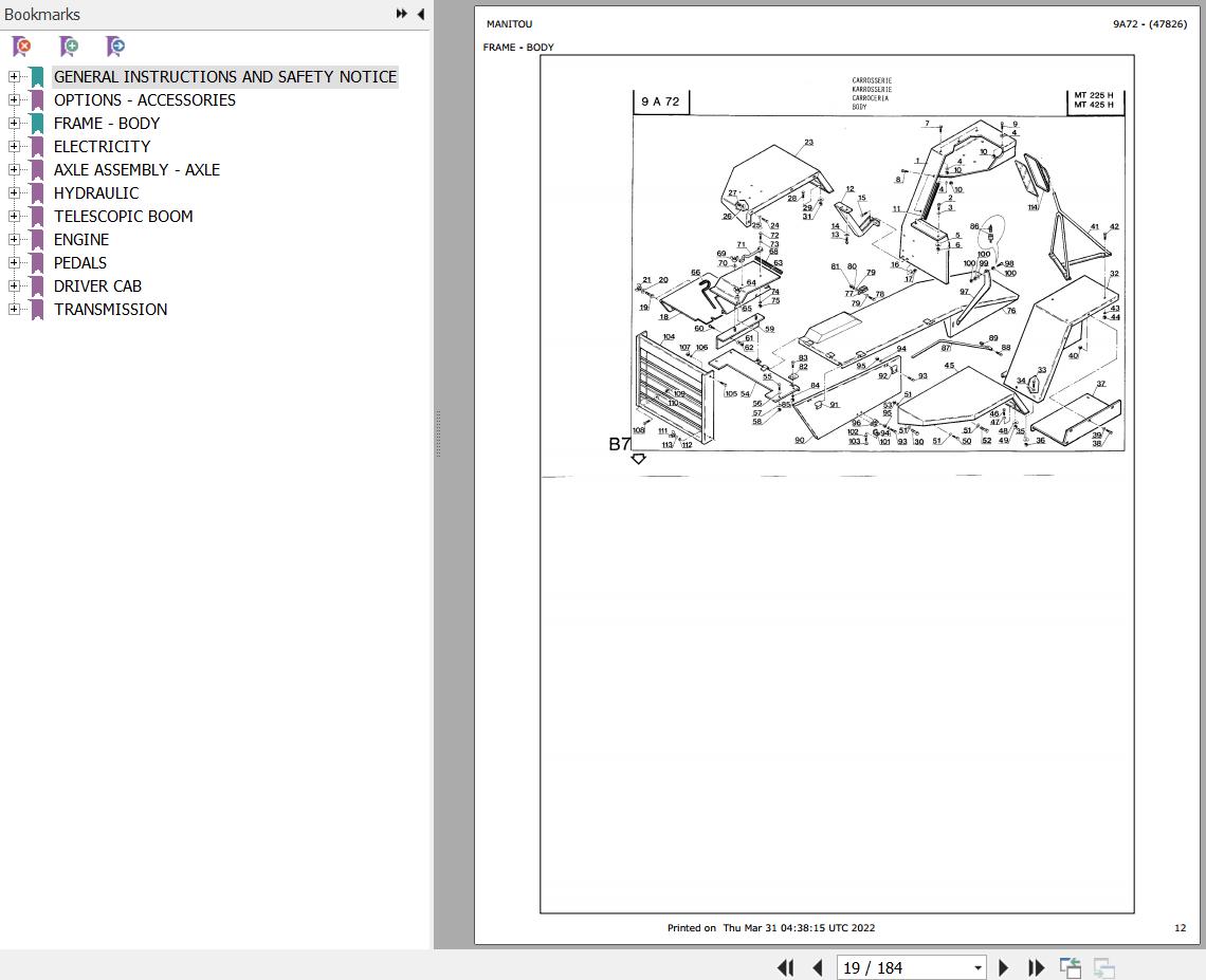 Manitou Telehandler MT 225 MT 425 H Parts Catalog 647826