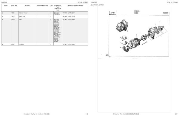 Manitou Telehandler MT 225 MT 425 H Parts Catalog 647826 1