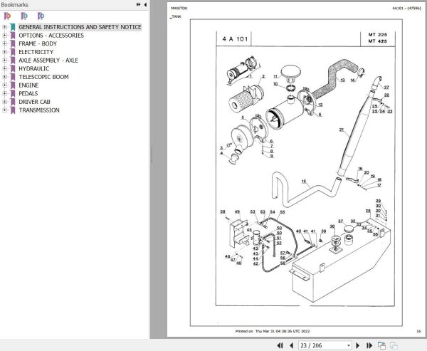 Manitou Telehandler MT 225 Parts Catalog 47596