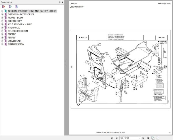 Manitou Telehandler MT 408 TURBO Parts Catalog 547000
