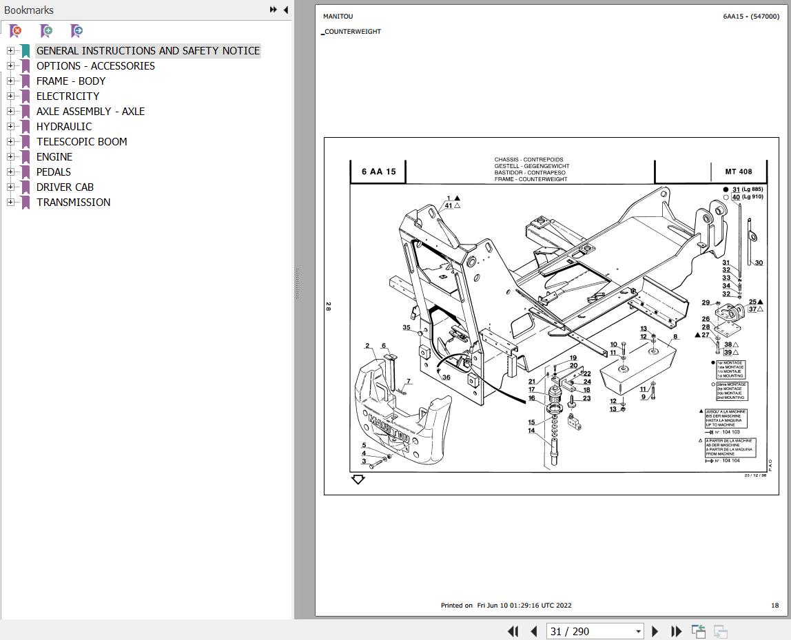Manitou Telehandler MT 408 TURBO Parts Catalog 547000