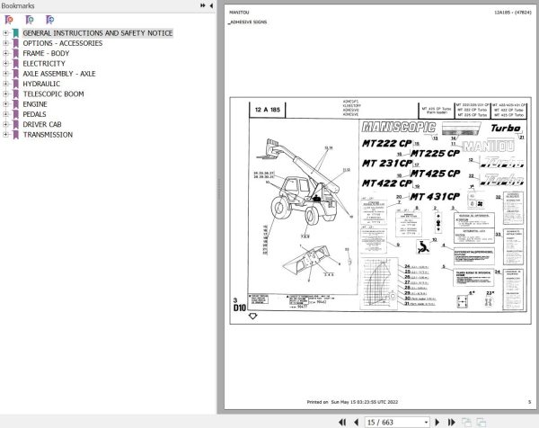 Manitou Telehandler MT 422 CP Parts Catalog 47824