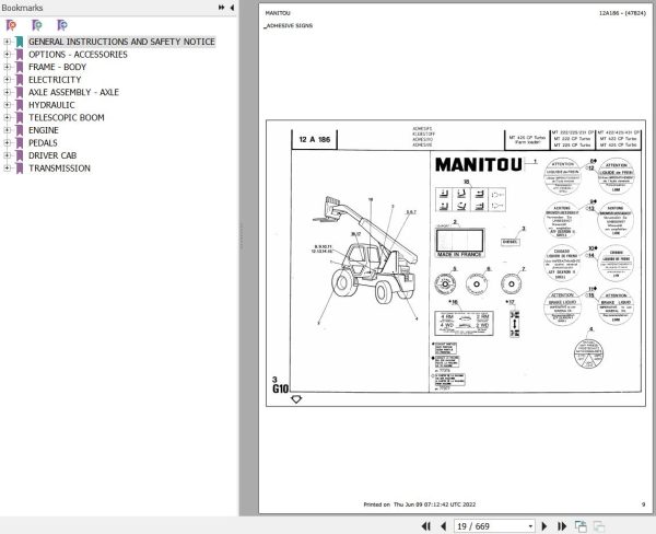Manitou Telehandler MT 422 CP TURBO Parts Catalog 47824