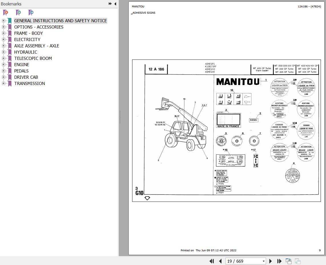 Manitou Telehandler MT 422 CP TURBO Parts Catalog 47824
