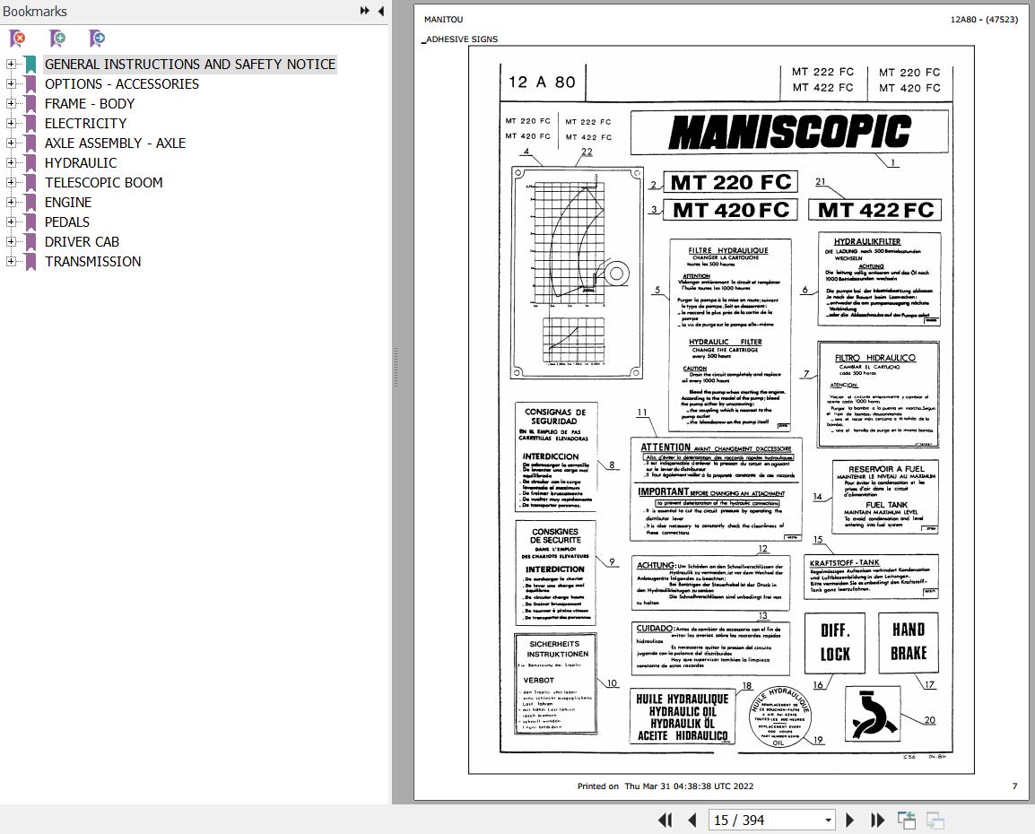 Manitou Telehandler MT 422 FC Parts Catalog 47523